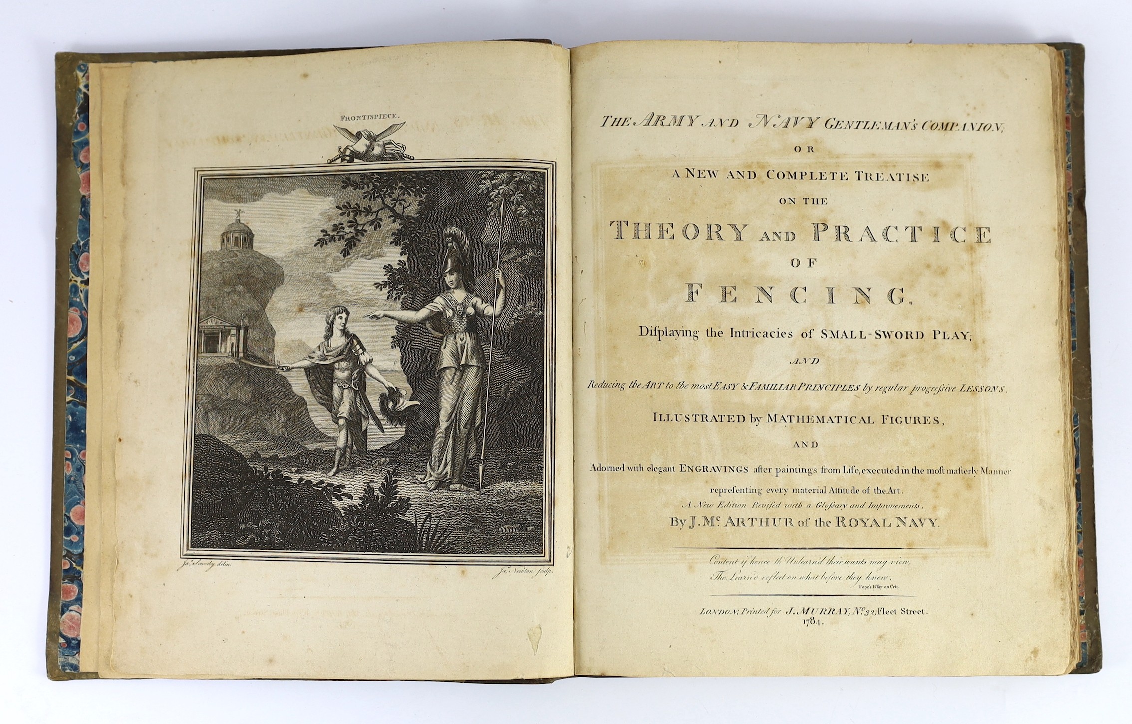 McArthur. J - The Army and Navy Gentleman’s Companion, or A New and Complete Treatise on the Theory and Practice of Fencing, 4to, quarter calf, with engraved frontis and 19 plates, J. Murray, London, 1784
